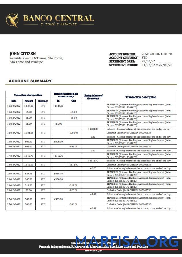Realistic Sao Tome and Principe Banco Central de S.Tome e Principe bank statement word example